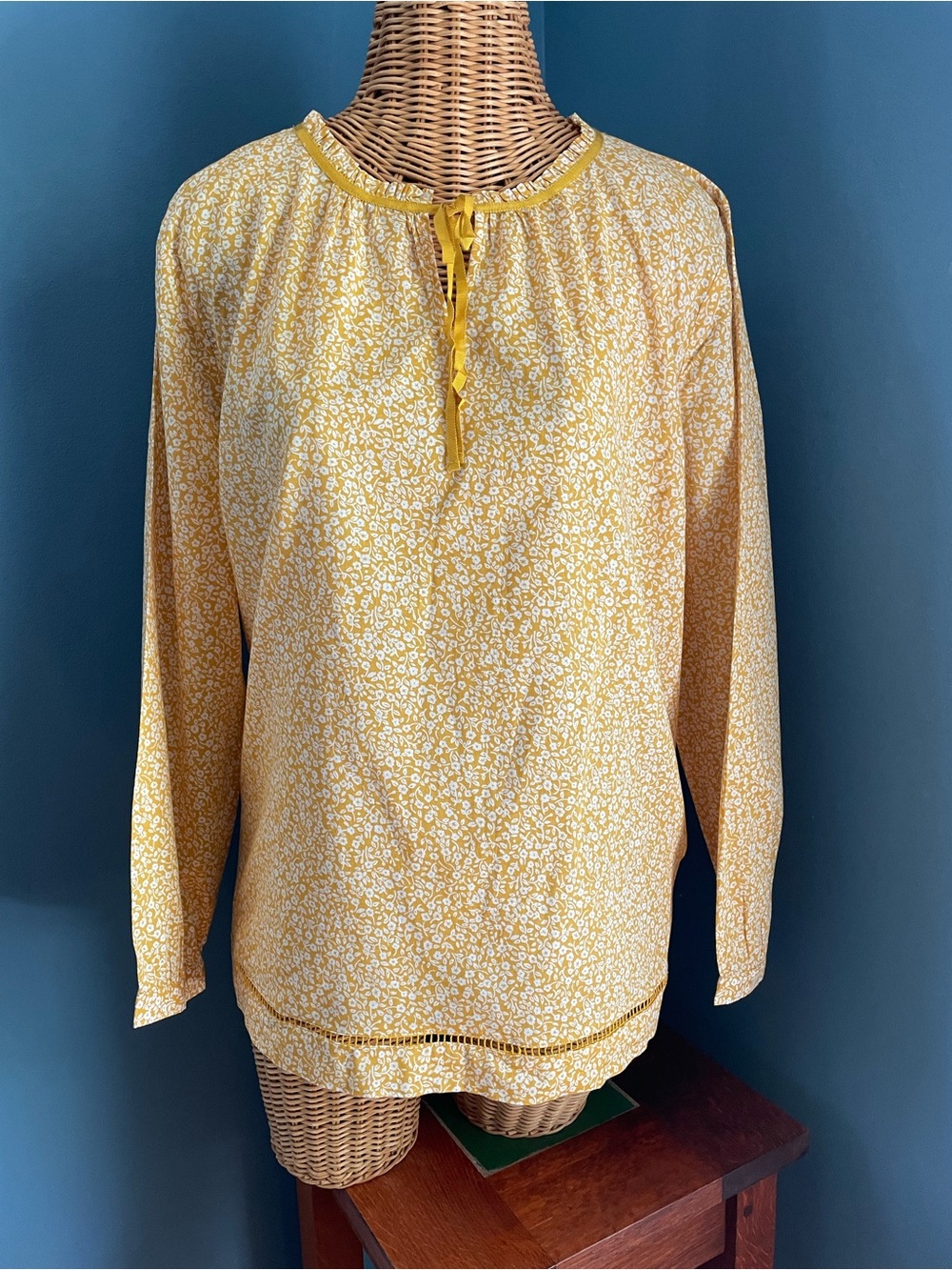 Talbots NWT Yellow White Calico Floral Print Blouse Tie Neck 100% Cotton